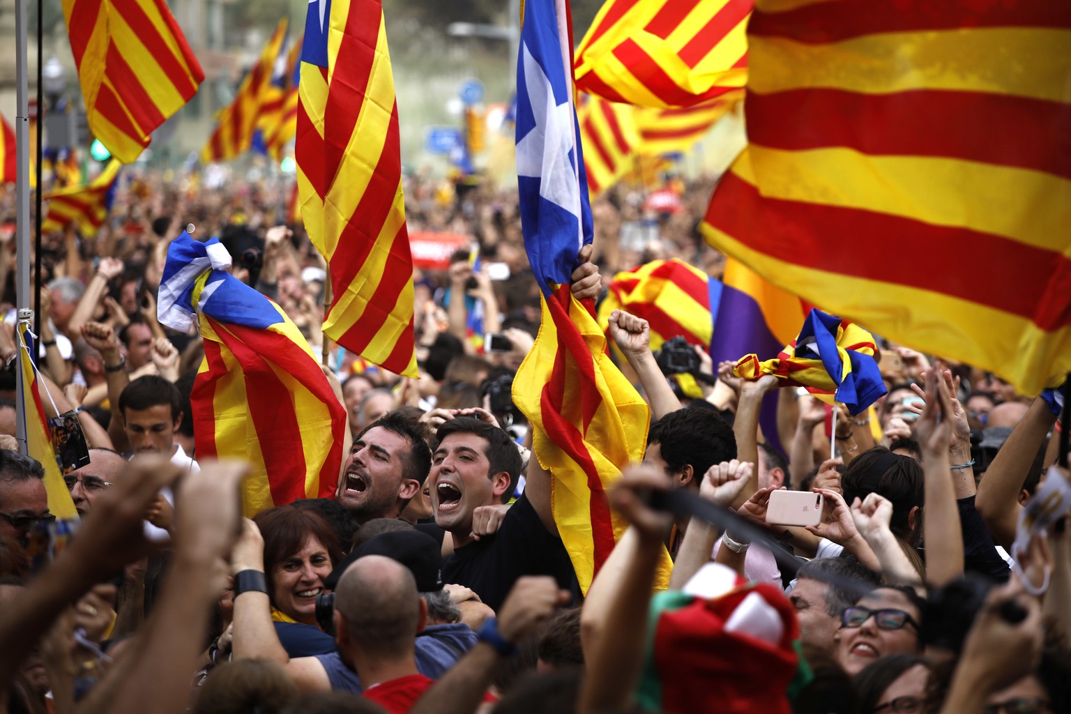 People react as they celebrate the unilateral declaration of independence of Catalonia outside the Catalan Parliament, in Barcelona, Spain, Friday, Oct. 27, 2017. Catalonias&#039; regional Parliament  ...