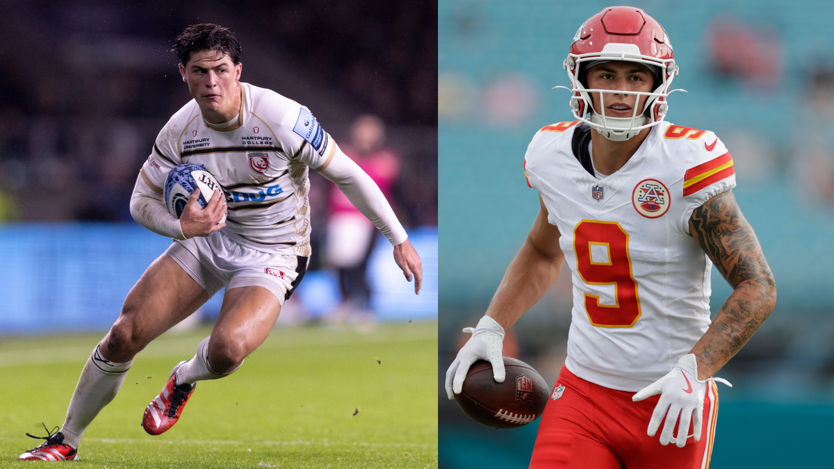 Avant de tenter sa chance en NFL (à droite), Louis Rees-Zammit brillait avec un autre ballon ovale dans les mains.