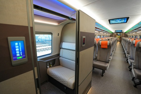 epa11797444 A multi-purpose room aboard a carriage of the CR450 bullet train in Beijing, China, 29 December 2024. According to China State Railway Group Co, the train has been tested at speeds of 450  ...