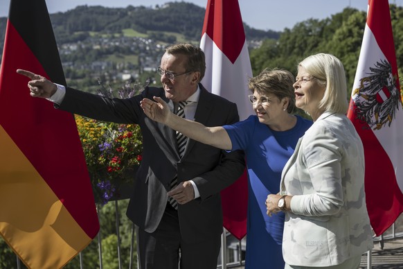 From left, German Federal Minister of Defence, Boris Pistorius, the Austrian Federal Minister of Defence, Klaudia Tanner and Switzerland&#039;s Federal Councillor Viola Amherd talk during this year&#0 ...