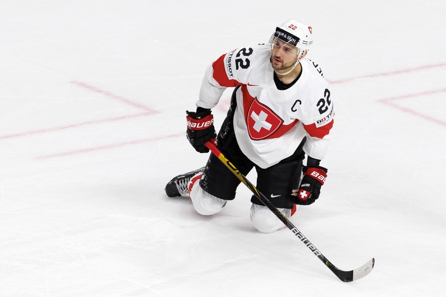 Switzerland&#039;s forward Nino Niederreiter reacts, during the IIHF 2023 World Championship preliminary round group B game between Czech Republic and Switzerland, at the Riga Arena, in Riga, Latvia,  ...