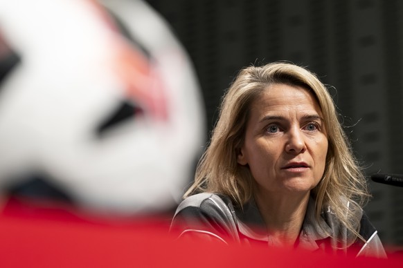 Marion Daube, Women&#039;s Football Director of the Swiss Football Federation SFV, speaks at the final press conference after the elimination of the Swiss women&#039;s team by the team from Spain, one ...
