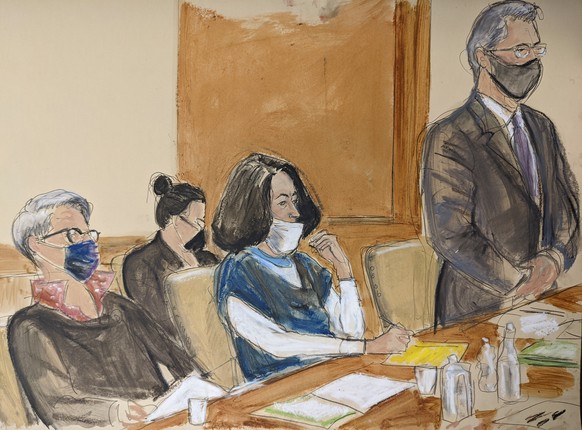 In this courtroom sketch, Ghislaine Maxwell, center, listens during a court hearing flanked by her attorneys, Bobbi Sternheim, left, and Jeffrey Pagliuca, right, Monday, Nov. 1, 2021, in New York. Max ...