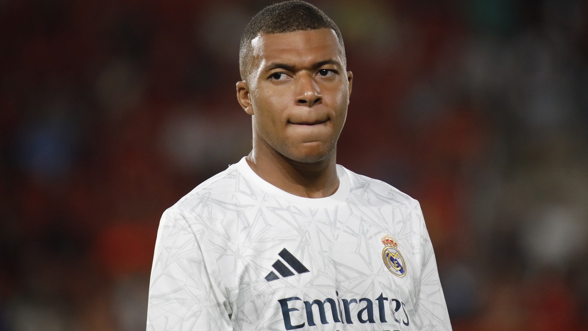 FILE - Real Madrid's Kylian Mbappe looks on before the start of a Spanish La Liga soccer match between Mallorca and Real Madrid at the Son Moix Stadium in Palma de Mallorca, Spain, Sunday, Aug. 1 ...