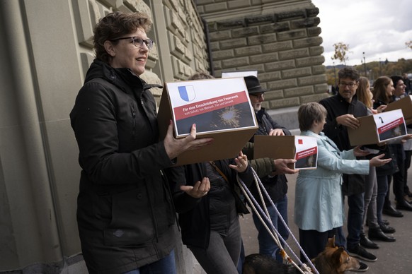 Mitglieder des Komitees und Unterstuetzer reichen die Schachteln mit den gesammelten Unterschriften weiter, bei der Uebergabe fuer die Eidgenoessische Volksinitiative &quot;Fuer eine Einschraenkung vo ...