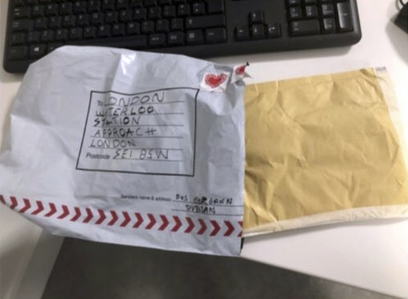 In this handout photo provided by Sky News, a suspect package that was sent to Waterloo station is seen in England, Tuesday, March 5, 2019. Britain’s counter-terrorism police are investigating after t ...