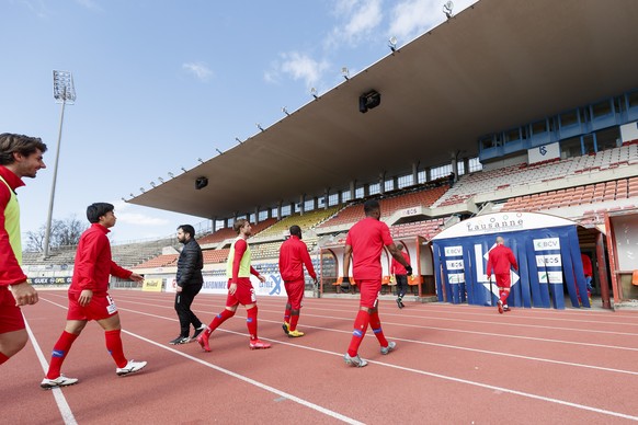 Les joueurs du FC Sion, lors d&#039;une rencontre amicale de football entre le FC Lausanne-Sport et le FC Sion ce vendredi, 13 mars 2020 au stade olympique de la Pontaise a Lausanne. Le championnat Su ...