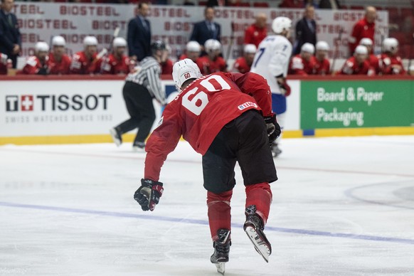 Switzerland&#039;s Tristan Scherwey reacts during the Ice Hockey World Championship group A preliminary round match between Switzerland and France in Helsinki at the Ice Hockey Hall, Finland on Sunday ...