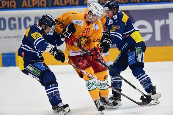 Ambri&#039;s player Janne Pesonen, Tiger&#039;s player Yannick-Lennart Albrecht and Ambri&#039;s player Peter Guggisberg, from left, during the preliminary round game of National League A (NLA) Swiss  ...