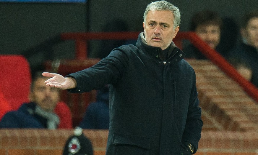 epa06601740 Jose Mourinho, manager of Manchester United, reacts during the UEFA Champions League Round of 16 second leg soccer match between Manchester United and Sevilla FC held at Old Trafford, Manc ...