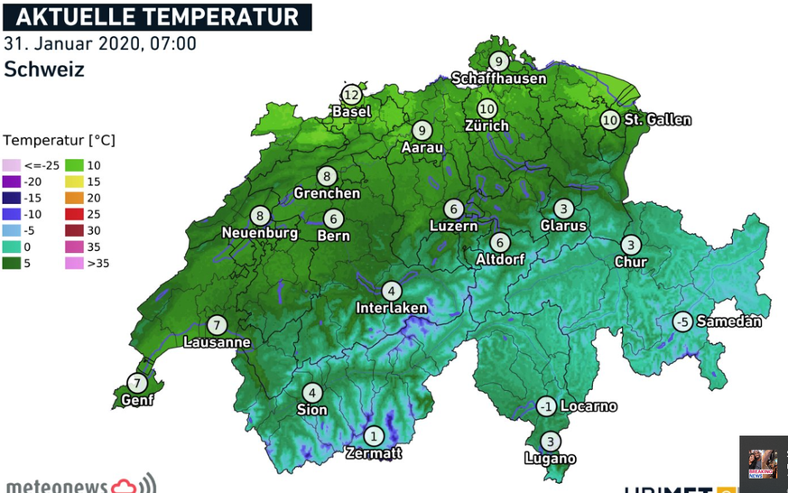 −1 Grad in Locarno, 12 Grad in Basel: die Temperaturen zum Tagesbeginn.