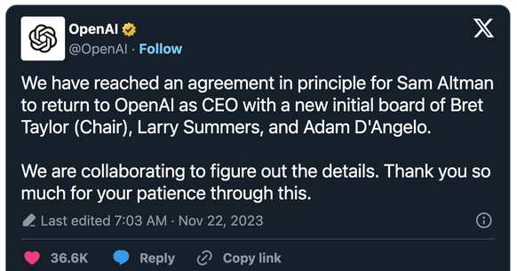 OpenAI kündigt bei X (Twitter) die Rückkehr von Sam Altman an.