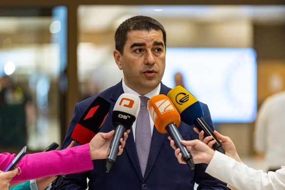 epa10588961 Georgian Speaker of Parliament Shalva Papuashvili talks to journalists as he arrives for the Conference of Speakers of the European Union Parliaments, in Prague, Czech Republic, 24 April 2 ...