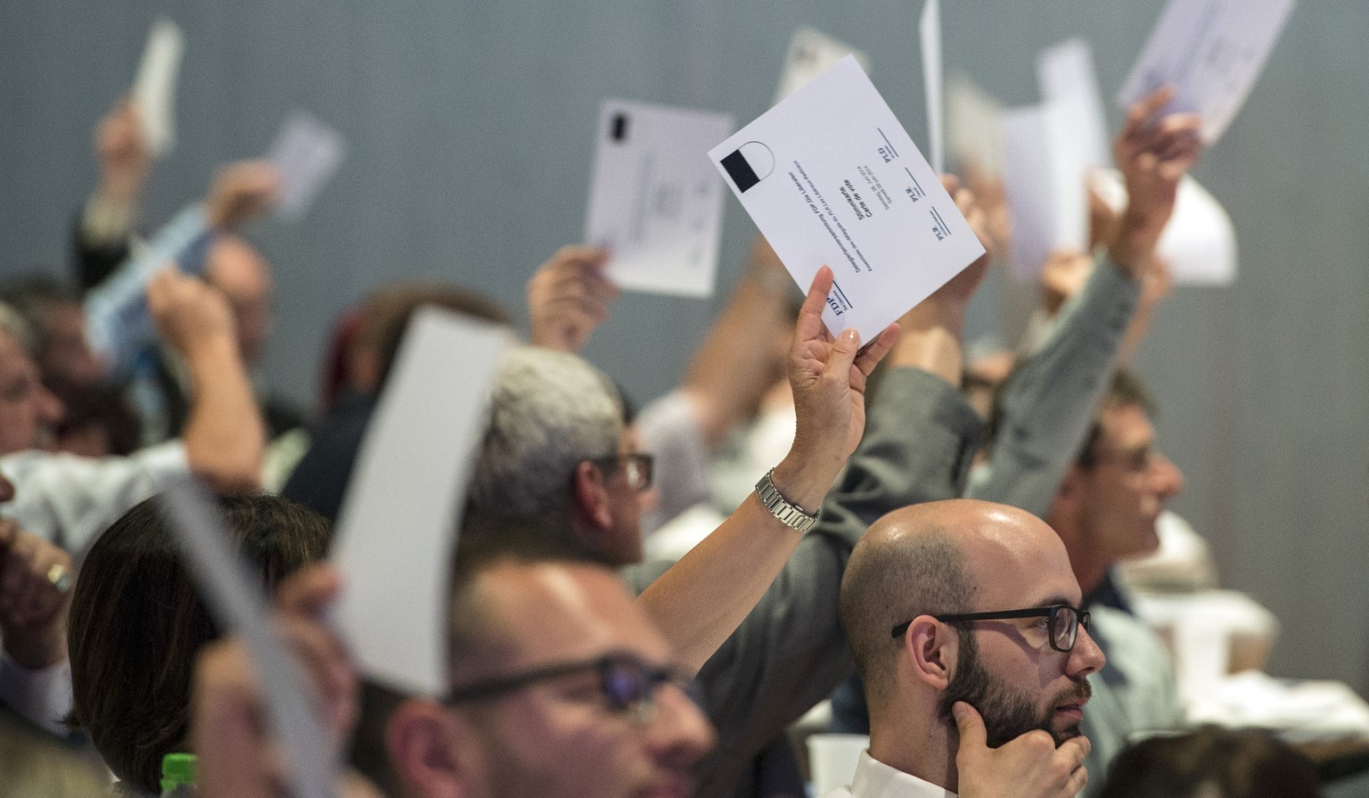 Nein zur Einheitskrankenkasse: FDP-Delegierte in Granges-Paccot FR.