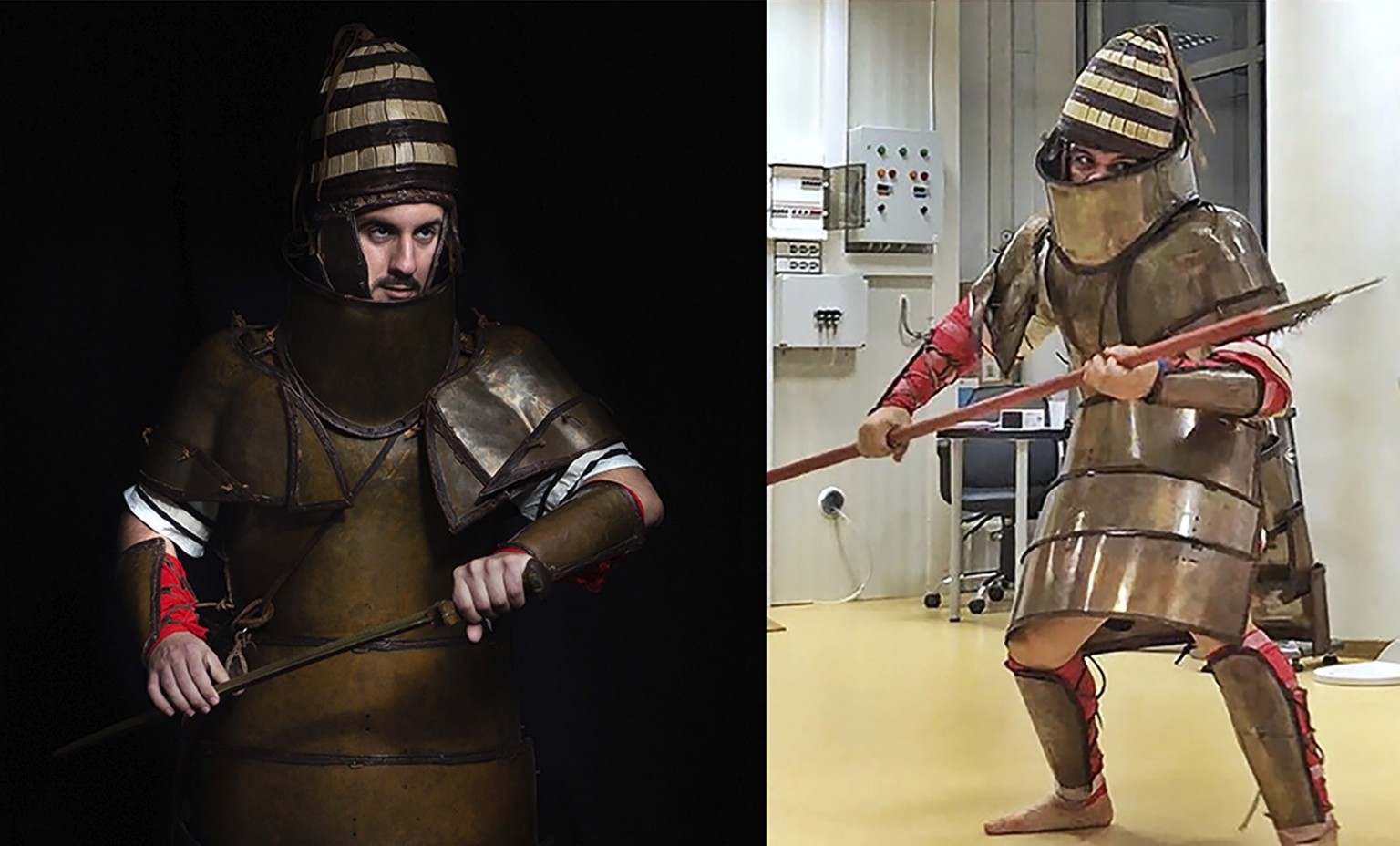 Volunteer marine soldiers in simulated combat wearing the Dendra armour replica during the empirical study (right) and an artistic photo shoot (left). 
https://journals.plos.org/plosone/article?id=10. ...