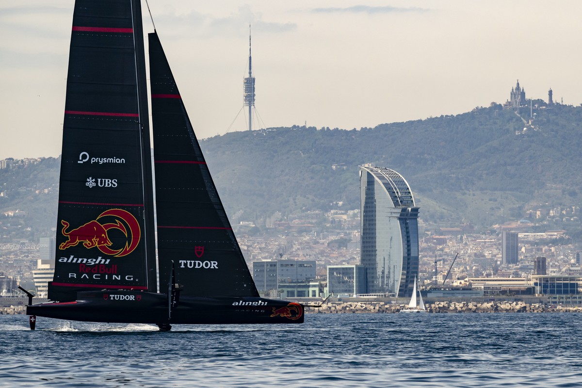 The Alinghi Red Bull Racing's BoatOne in action during a training session for the next 37th America?s Cup, in Barcelona, Spain, Monday May 13, 2024. The Swiss-built AC75 will challenge for the Lo ...