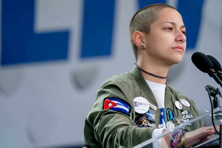 FILE - In this March 24, 2018, file photo, Cuban-American and Parkland activist Emma Gonzalez, a survivor of the mass shooting at Marjory Stoneman Douglas High School in Parkland, Fla., stands silentl ...