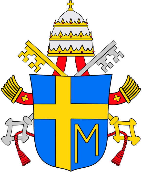 Wappen von Johannes Paul II mit Tiara. Das «M» im rechten unteren Quadranten des Wappens bezieht sich auf die Gottesmutter.