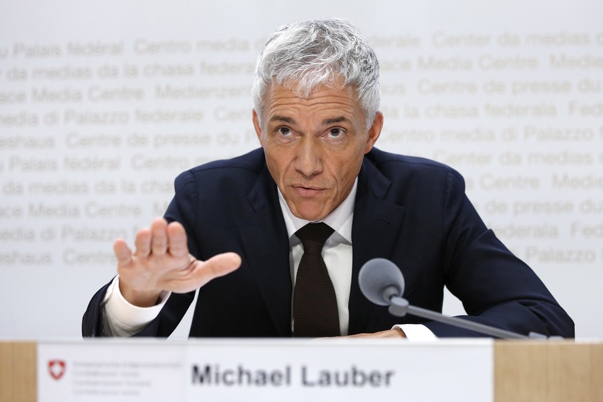 epa07561101 Swiss Federal Attorney Michael Lauber speaks during a press conference at the Media Centre of the Federal Parliament in Bern, Switzerland, 10 May 2019. Federal Attorney Michael Lauber is c ...
