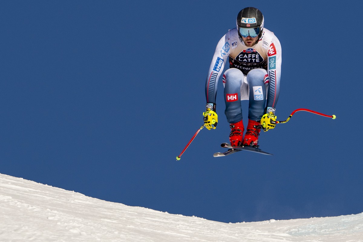 Aleksander Aamodt Kilde of Norway in action during the men's downhill race at the Alpine Skiing FIS Ski World Cup in Wengen, Switzerland, Saturday, January 13, 2024. (KEYSTONE/Jean-Christophe Bot ...