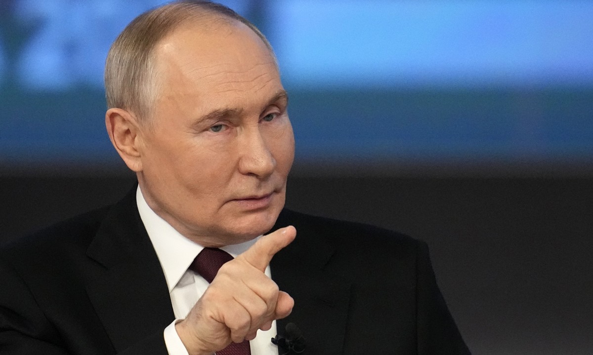 Russian President Vladimir Putin speaks during his annual news conference and call-in show, at Gostinny Dvor in Moscow, Russia, Thursday, Dec. 19, 2024. (AP Photo/Alexander Zemlianichenko)