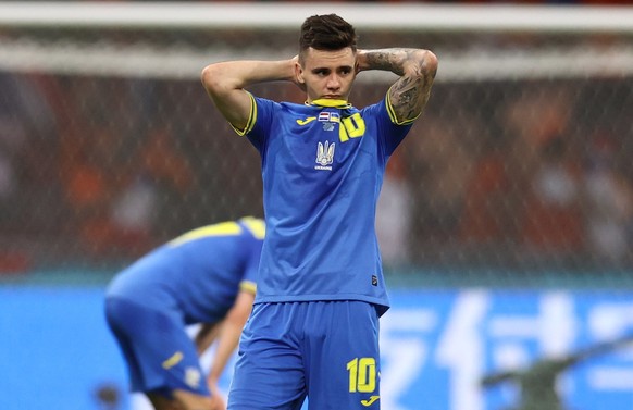 epa09269070 Mykola Shaparenko of Ukraine looks dejected after the UEFA EURO 2020 preliminary round group C match between the Netherlands and Ukraine in Amsterdam, the Netherlands, 13 June 2021. EPA/De ...