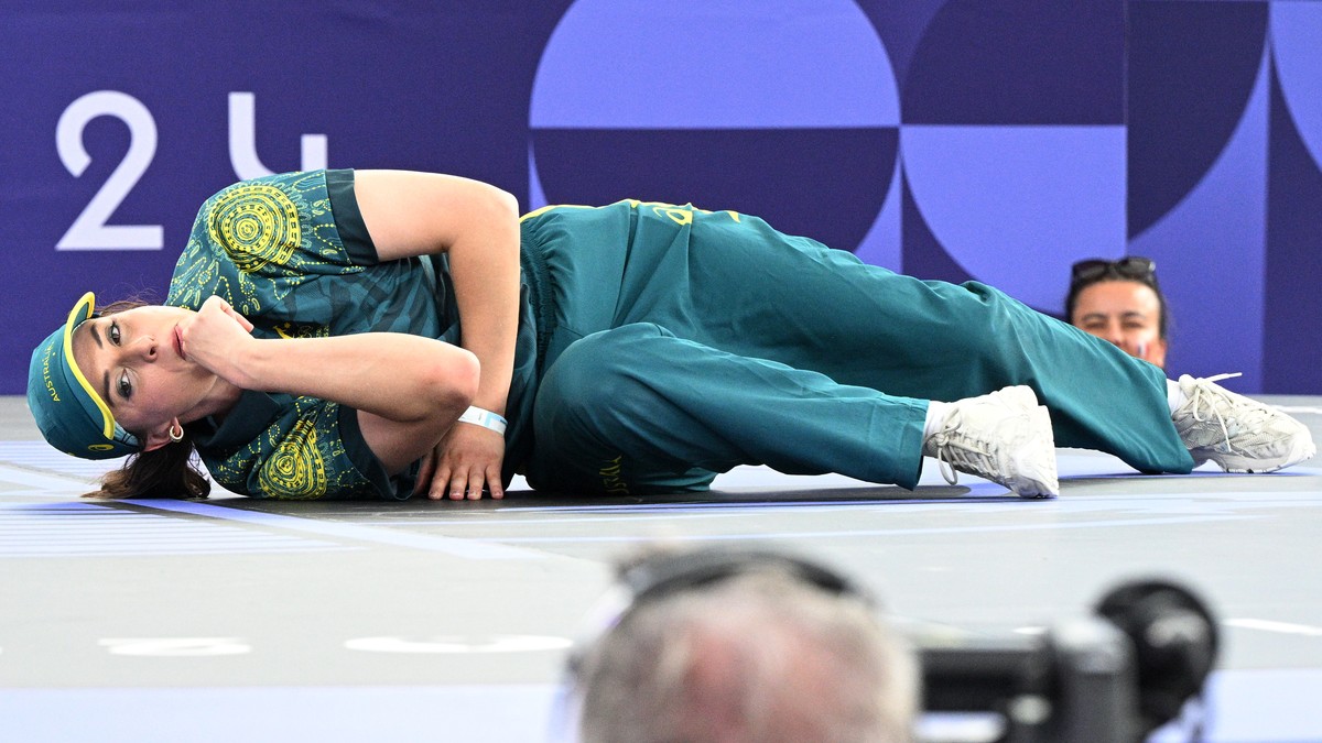 epa11540134 Raygun of Australia breaks during her B-Girls round robin group B battle at the Breaking competitions in the Paris 2024 Olympic Games, at the La Concorde in Paris, France, 09 August 2024.  ...