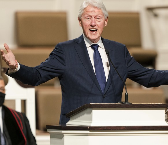 FILE - In this Jan. 27, 2021, file photo, former President Bill Clinton speaks during funeral services for Henry &quot;Hank&quot; Aaron, at Friendship Baptist Church in Atlanta. (Kevin D. Liles/Atlant ...
