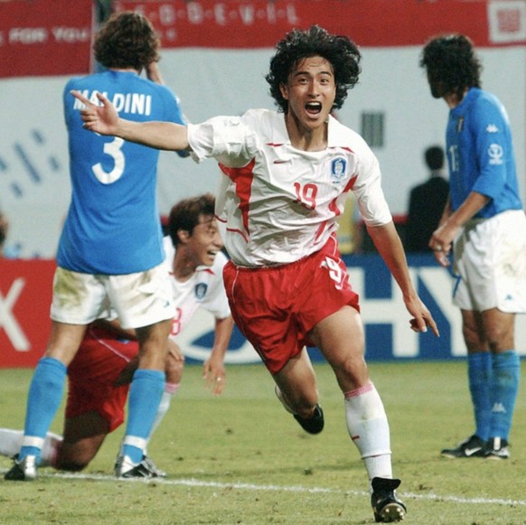 TOKYO, Japan - South Korean striker Ahn Jung Hwan reacts after scoring the golden goal in a World Cup second-round match against Italy in Daejeon World Cup Stadium in South Korea in June 2002. The 36- ...