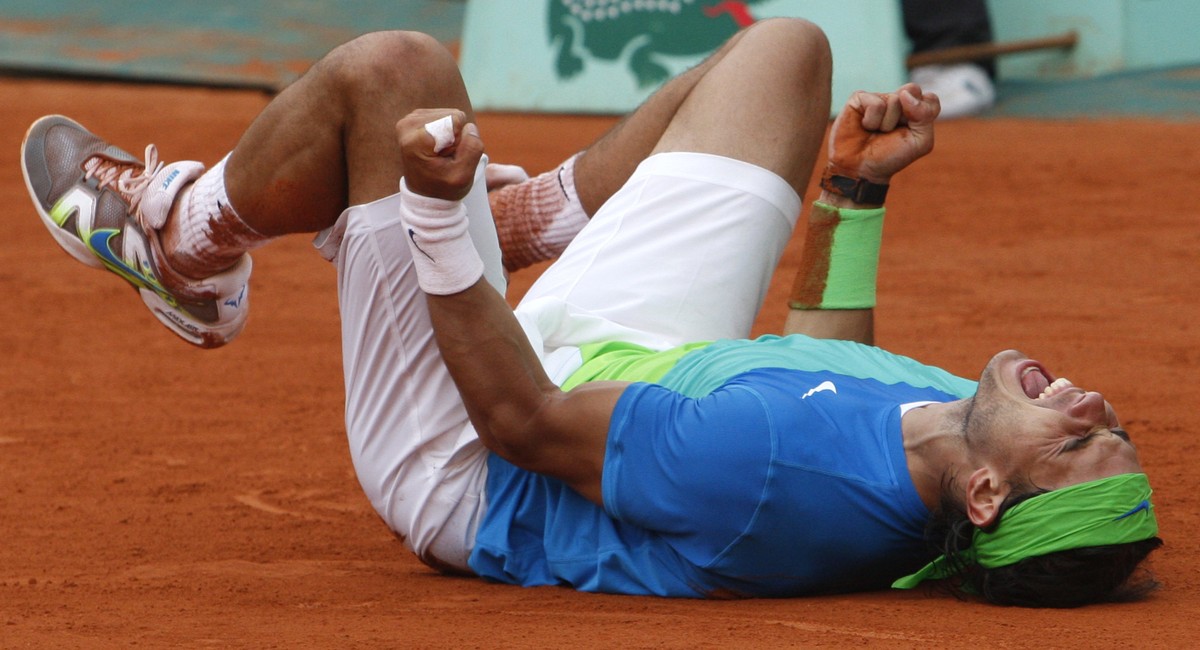 FILE - In this Sunday, June 6, 2010, file photo, Spain's Rafael Nadal celebrates after defeating Sweden's Robin Soderling during a men's finals match for the French Open tennis tourname ...