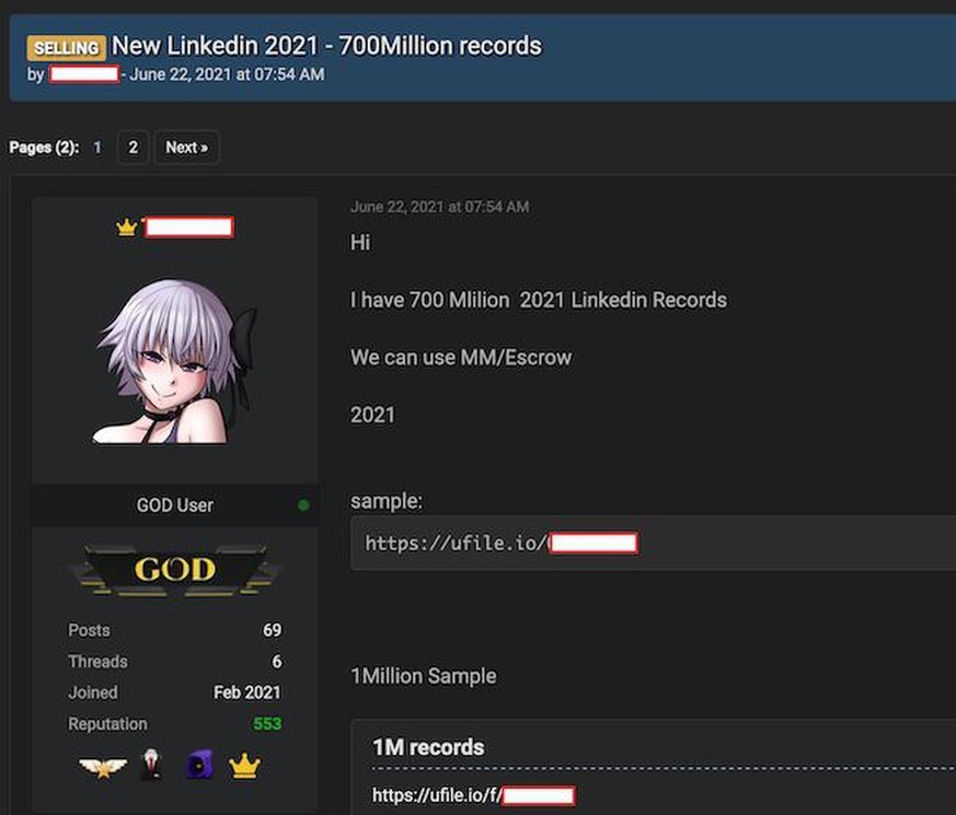 Ein Unbekannter bietet ein Archiv mit Daten, die angeblich von 700 Millionen LinkedIn-Profilen abgegriffen wurden, in einem beliebten Hacker-Forum zum Verkauf an.