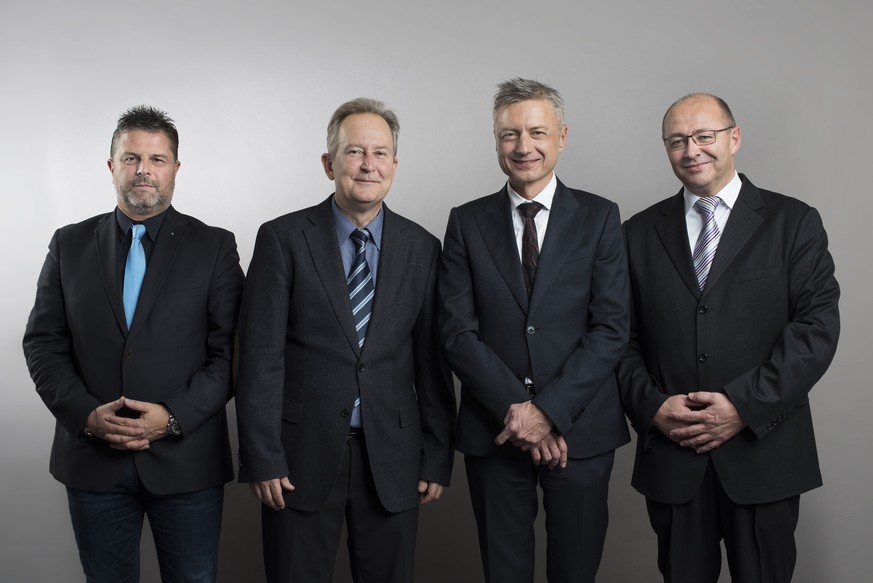 Die Geschaeftsleitung der KEYSTONE-SDA mit CMO Rainer Kupper, CEO Markus Schwab, COO Jann Jenatsch und CFO Daniel Mathys, von links, am Sonntag, 29. Oktober 2017 in Zuerich. Die Schweizerische Depesch ...