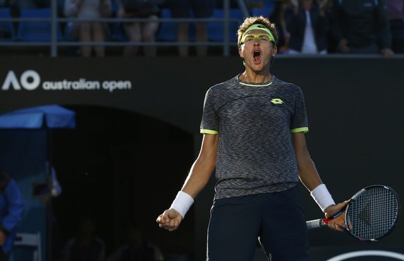 Tennis - Australian Open - Melbourne Park, Melbourne, Australia - 21/1/17 Uzbekistan&#039;s Denis Istomin celebrates winning his Men&#039;s singles third round match against Spain&#039;s Pablo Carreno ...