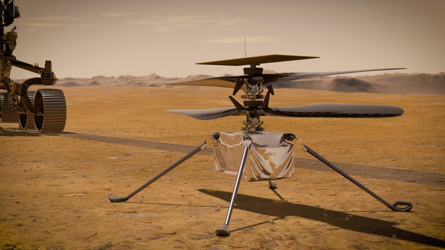 This illustration made available by NASA depicts the Ingenuity Mars Helicopter on the red planet's surface near the Perseverance rover, left. NASA is upping the ante with its newest rover headed ...