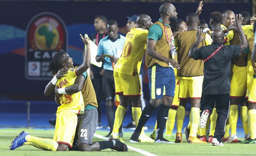 Benin players celebrate after a goal during the African Cup of Nations round of 16 soccer match between Morocco and Benin in Al Salam stadium in Cairo, Egypt, Friday, July 5, 2019. (AP Photo/Ariel Sch ...