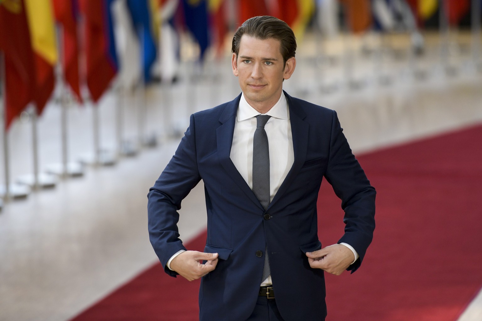 epa06847772 Austrian Chancellor Sebastian Kurz arrives for an European Council summit in Brussels, Belgium, 28 June 2018. EU countries&#039; leaders meet on 28 and 29 June for a summit to discuss migr ...