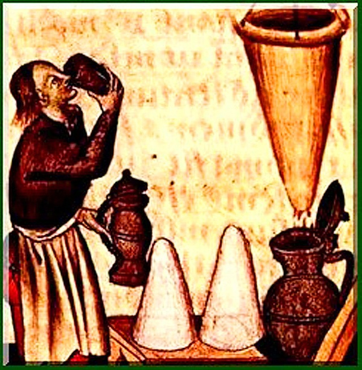 Herstellung und Verkostung von Hypocras im Mittelalter.
https://de.wikipedia.org/wiki/Hypocras#/media/Datei:Ypocras.jpg
