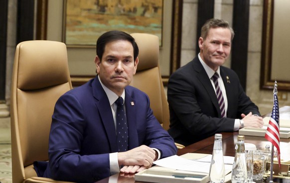 U.S. Secretary of State Marco Rubio, center, sits next to U.S. National Security Advisor Mike Waltz during a meeting with Saudi Foreign Minister Prince Faisal bin Farhan Al Saud, Saudi National Securi ...