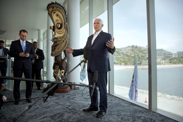 U.S. Vice President Mike Pence speaks during an informal press conference at APEC Haus in Port Moresby, Papua New Guinea, Sunday, Nov. 18, 2018. (AP Photo/Mark Schiefelbein)