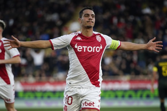 Monaco&#039;s Wissam Ben Yedder celebrates scoring his side&#039;s 2nd goal during a French League One soccer match between Monaco and Paris Saint-Germain at the Stade Louis II in Monaco, Saturday, Fe ...