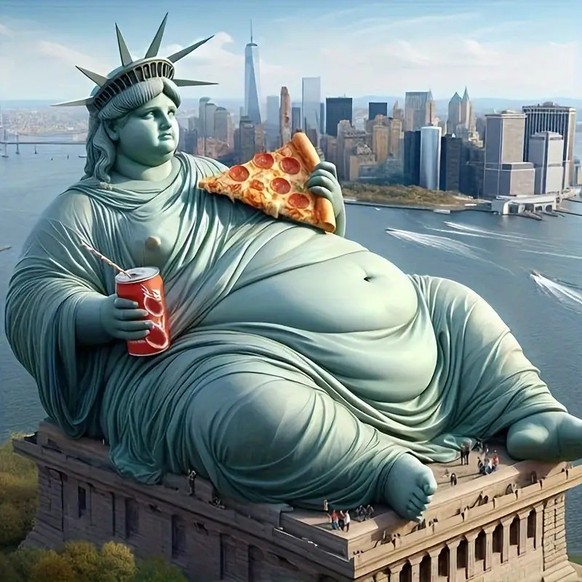 KI-generiertes Bild der Freiheitsstatue in New York mit Pizza und Cola.