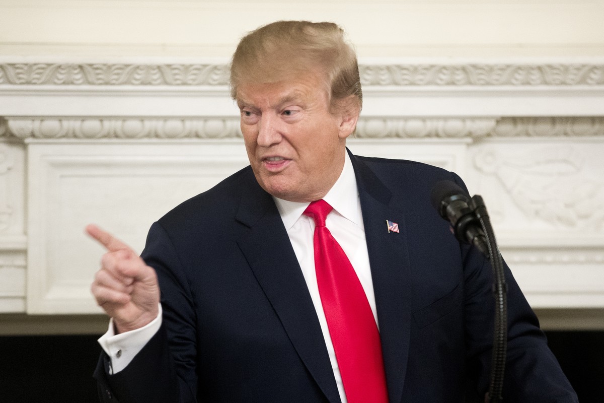 epa07413917 US President Donald J. Trump delivers remarks at an event for the National Association of Attorneys General, in the State Dining Room of the White House in Washington, DC, USA, 04 March 20 ...