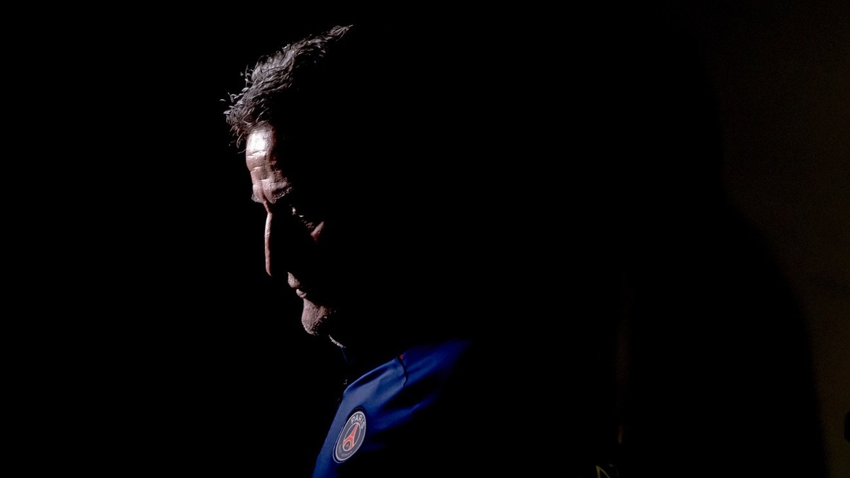 epa10610250 Paris Saint-Germain head coach Christophe Galtier attends a press conference after a training session at the Camp des Loges sports complex in Saint Germain en Laye, near Paris, France, 05  ...