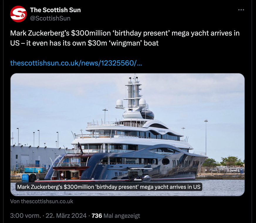 Mark Zuckerberg kauft sich Luxusjacht für 300 Millionen Dollar.