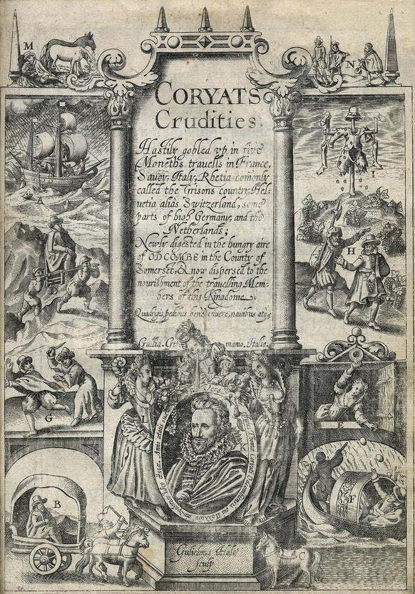 Frontispiz des Reiseberichts von Thomas Coryate, Ausgabe von 1611.
http://luna.folger.edu/luna/servlet/s/omejq1