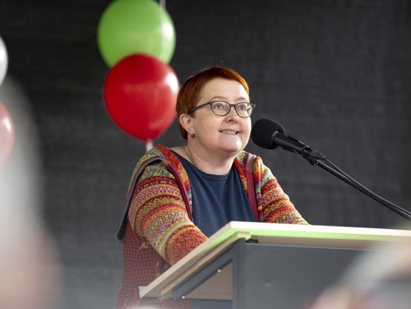 National Councillor Natalie Imboden, speaks during a freedom rally for Iranian Women, on the Federal Square (Bundesplatz) in Bern, Switzerland, on Saturday, November 5, 2022. After the death of Mahsa  ...