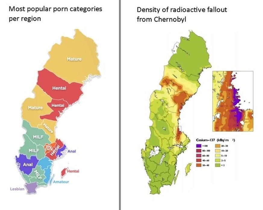 terrible maps Swedish porn preferences vs radiation received from Chernobyl https://twitter.com/TerribleMaps/status/1596803070117441536/photo/1