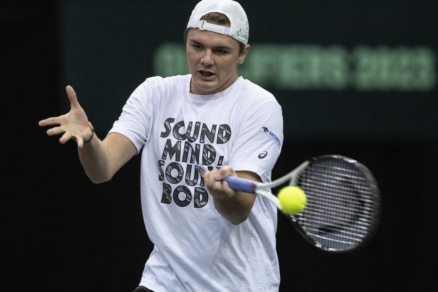 Switzerland?s Dominic Stricker in action during a training session, on Thursday, February 02, 2023, at the Arena in Trier, Germany. Germany meets to Switzerland at the tennis Davis Cup qualifiers for  ...