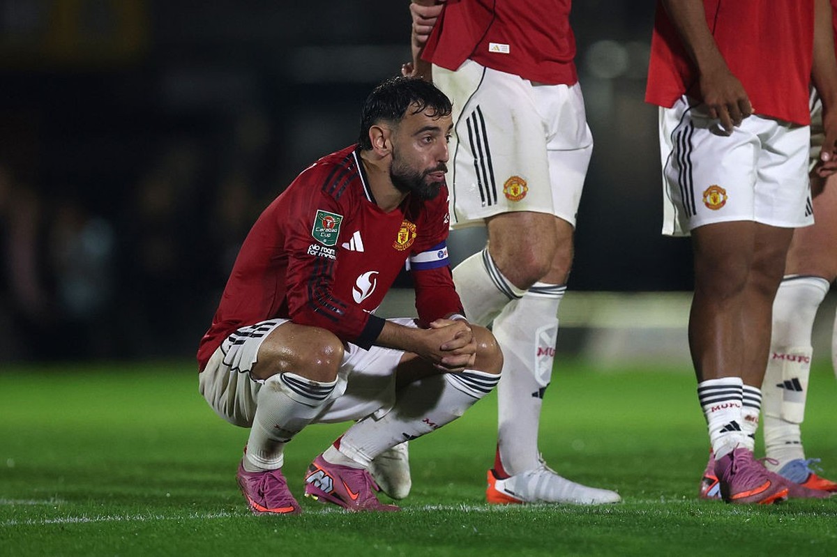 GRIMSBY, ENGLAND - AUGUST 27: Bruno Fernandes of Manchester United looks dejected during the penalty shoot out during the Carabao Cup Second Round match between Grimsby Town and Manchester United at B ...