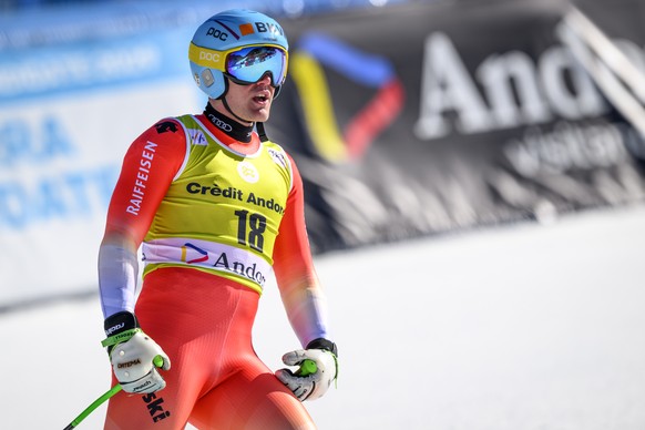 Stefan Rogentin of Switzerland reacts in the finish area during the men&#039;s downhill race at the FIS Alpine Skiing World Cup finals in El Tarter, Andorra, Wednesday, March 15, 2023. (KEYSTONE/Jean- ...